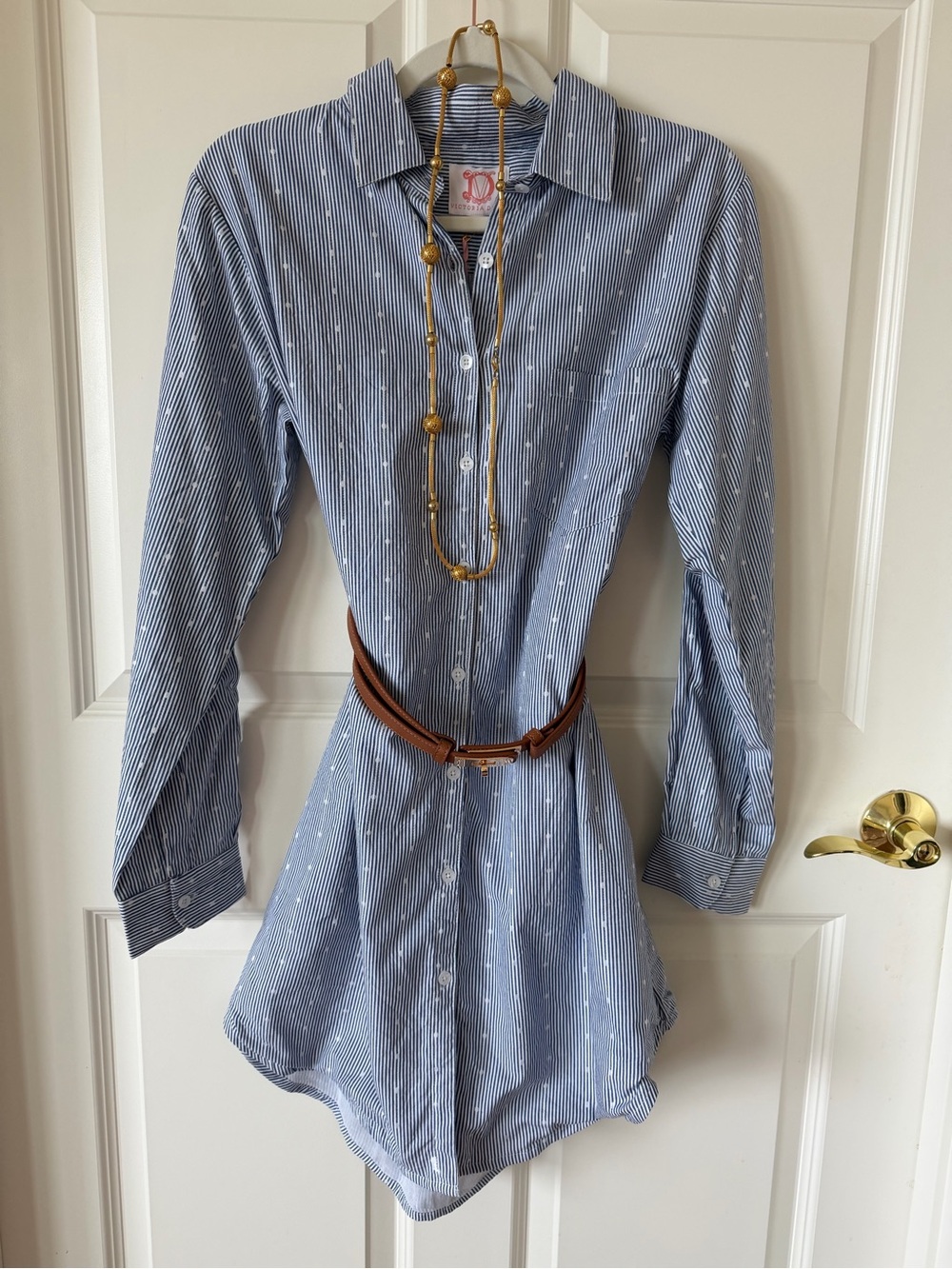 Victoria Dunn Elodie Mini Button-Front Blue Striped Shirt Dress